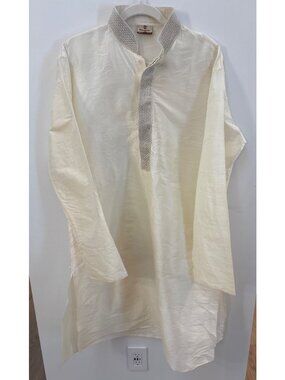 Manyavar Mens XL 42 105 cms Ivory Kurta With Embroidered Collar & Placket